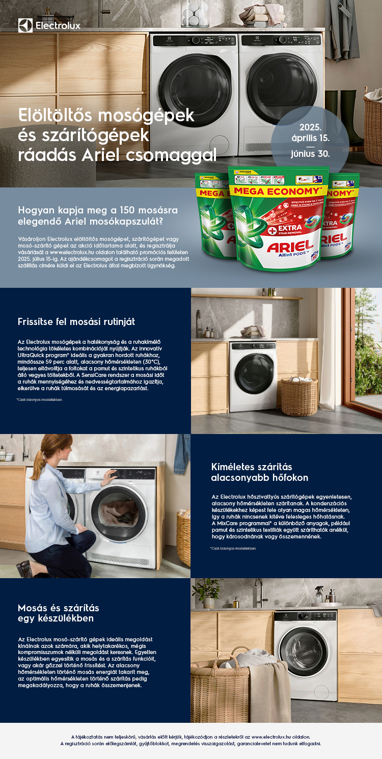 Elöltöltős mosógépek és szárítógépek ráadás Ariel csomaggal a Preciz.hu-tól!